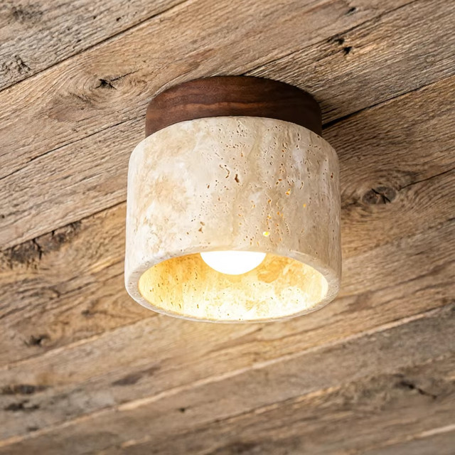 Wecus Wabi Sabi Deckenleuchte aus Travertin in Gelb und Beige, minimalistische Unterputz-Dekorationslampe aus Stein für Flur und Balkon - Bild 1
