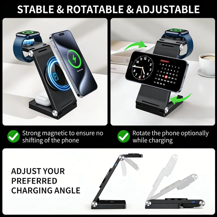 TIMESS 3-in-1 15W Kabelloses Ladegerät in Schwarz für iPhone, Apple Watch und AirPods Pro - Bild 3