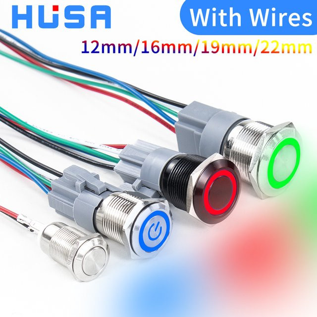 HUSA Metall-Drucktastenschalter mit LED-Ring und Draht, wasserdicht, silber, kurzzeitig verriegelnd, 1 Schließer und 1 Öffner, Durchmesser: 16 mm, 19 mm oder 22 mm - Bild 1
