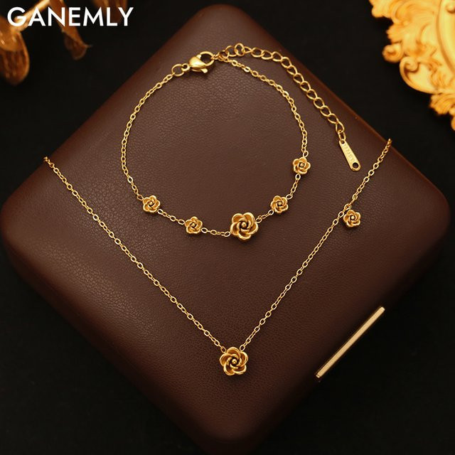 GANEMLY Schmuck-Set, Edelstahl, Goldfarben, Halskette und Armband, Damen - Bild 1