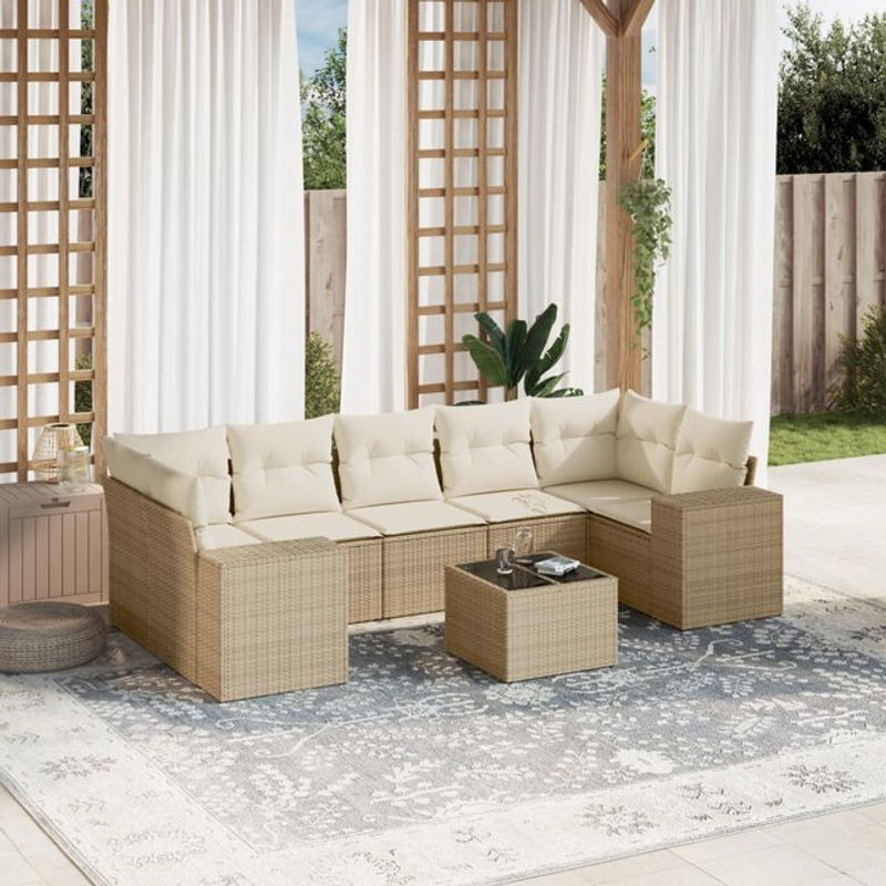 Vidaxl Gartenmöbel-Set aus Polyrattan mit Kissen und Glastisch, 8-teilig, Beige - Bild 1