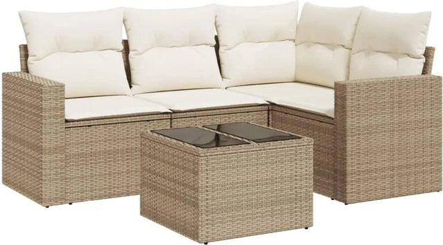 vidaXL 5-teilige Garten-Sofagarnitur aus Poly-Rattan mit Kissen in Beige-Creme - Bild 1