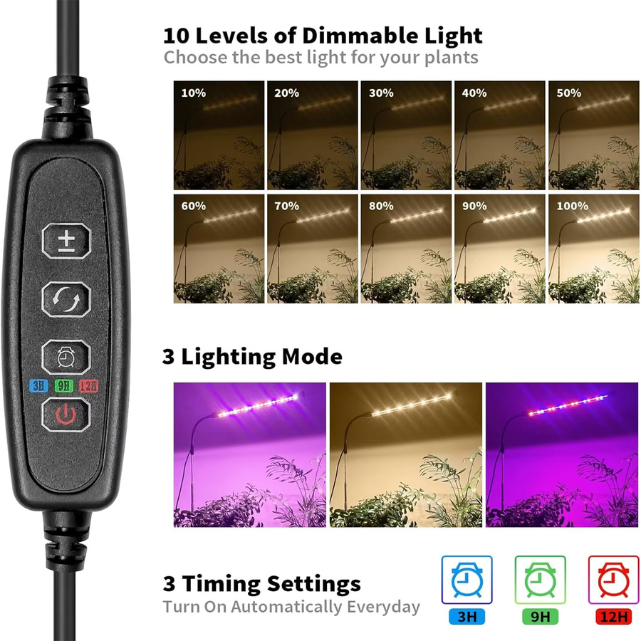 KEBINCPLED USB Pflanzenwachstumslampe mit Vollspektrum-Licht, dimmbar und mit Timer, Schwarz - Bild 3
