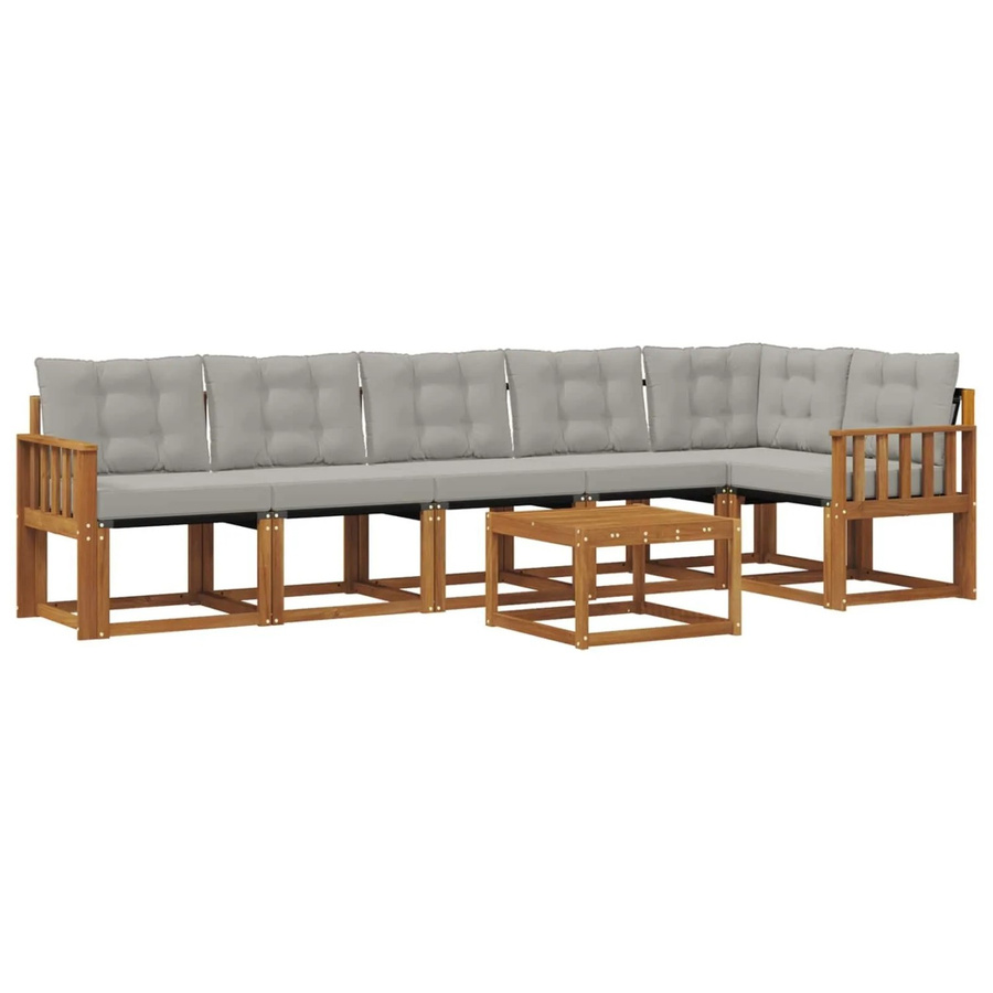 vidaXL Outdoor-Sofagarnitur 7-teilig aus Akazienholz und Textilene in Natur und Hellgrau mit Kissen und Armlehnen - Bild 2