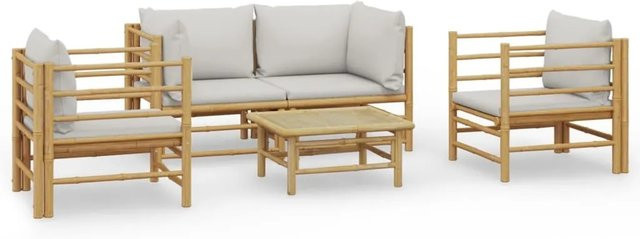 vidaXL 5-tlg Garten-Lounge-Set aus Bambus mit grauen Polsterkissen in L-Form - Bild 1