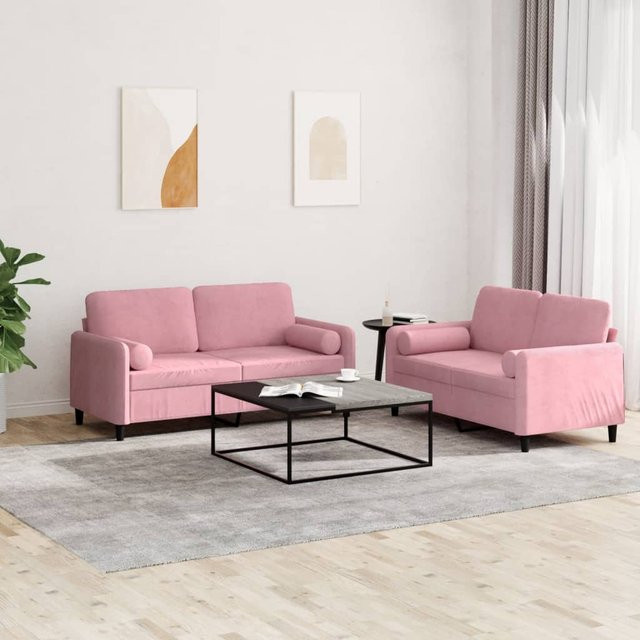 vidaXL 2-teilige Sofagarnitur aus Samt in Rosa mit Kissen und Armlehnen - Bild 2