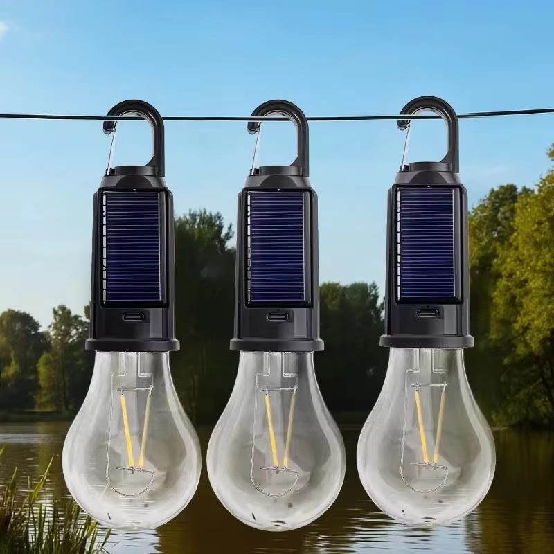 Retro LED Wolfram Glühbirne von super-cheese als wasserdichte Outdoor Hängelampe mit USB- und Solar-Ladung, warmweiß, transparent/schwarz - Bild 6
