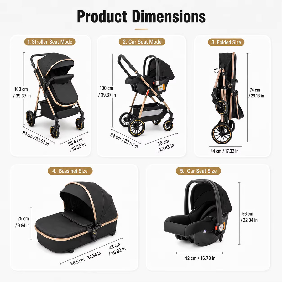3-in-1 Baby-Kinderwagen Reisesystem mit Babywanne und Babyschale, faltbar und leicht, Schwarz-Gold mit Stoßdämpfung und EVA-Rädern - Bild 8
