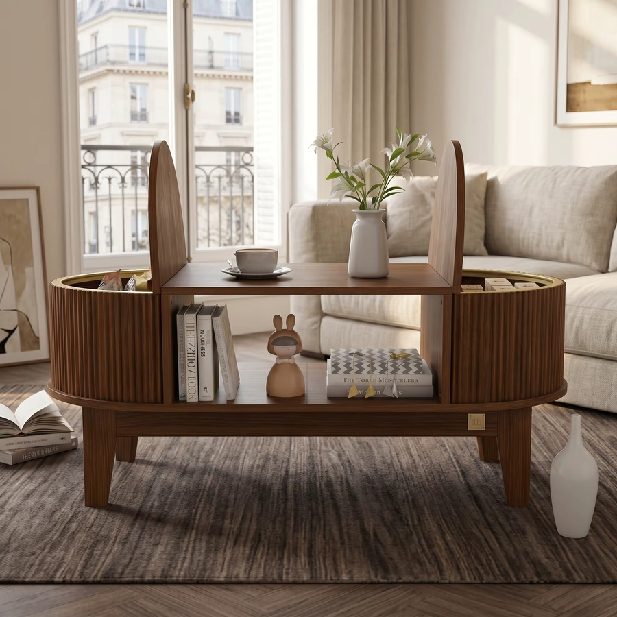 Moderner ovaler Couchtisch WoodenAura aus Walnussholz mit Aufbewahrungsfächern im skandinavischen Design, Farbe: Walnuss, B/T: 100 x 50 cm - Bild 6