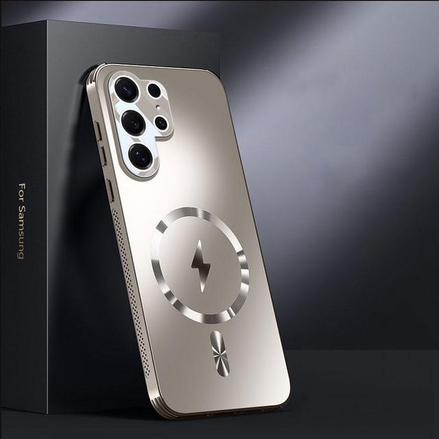 Magnetische kabellose Ladehülle für Samsung S25 Ultra und S25 Plus mit Magsafe, mattiert frostiert, stoßfest mit Linsenschutz, Farbe: Transparent/Silber - Bild 1