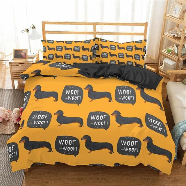 Bettwäscheset mit Cartoon-Dackel von Your Warm Home, 3-teiliges Set aus Polyester in Gelb, B/H: 228 x 228 cm mit zwei Kissenbezügen 50 x 70 cm - Bild 1