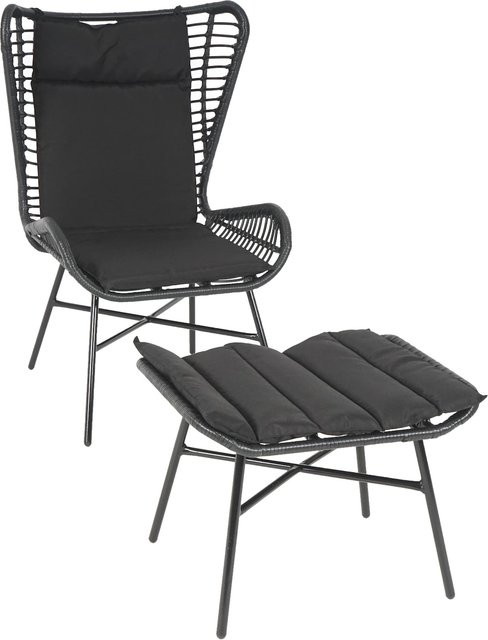 MCW Poly-Rattan Sitzgruppe G17b in Anthrazit mit Sessel, Hocker und Kissen im Seil-Design - Bild 1