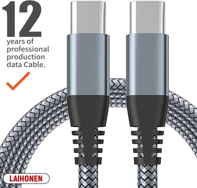 LAIHONEN USB-C zu USB-C Kabel mit 60W PD und 3A, Nylon-Ummantelung, 480Mbps Datenübertragung, Farbe: Grau - Bild 1