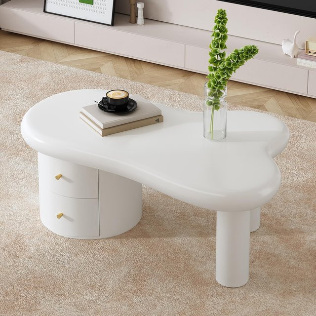 Moderner Couchtisch von Flieks in Weiß mit unregelmäßiger Form und 2 Schubladen - Bild 1