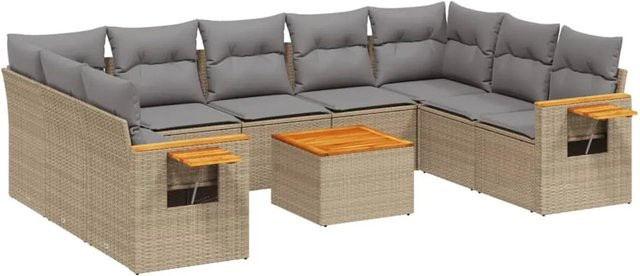 vidaXL 10-tlg. Garten-Sofagarnitur in L-Form aus Polyrattan und Akazienholz mit Kissen, Beige - Bild 1
