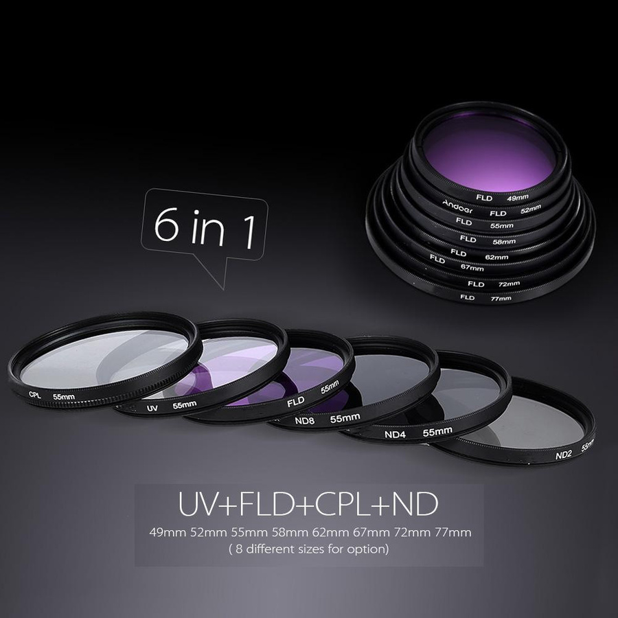 Objektivfilter-Set 58mm mit UV, CPL, FLD und ND2/ND4/ND8 Filtern inklusive Tragetasche, Objektivdeckel, Deckelhalter sowie Tulpen- und Gummi-Objektivschutz in Schwarz - Bild 5