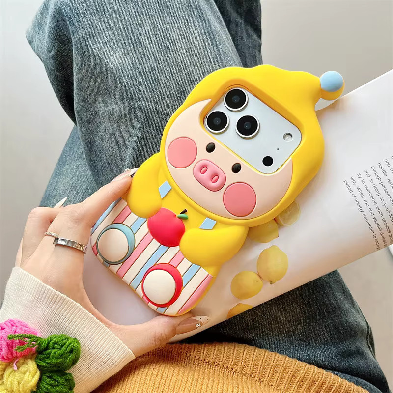 MUQGEW Silikon Handyhülle mit Cartoon-Schwein Motiv für iPhone 17 16 15 14 13 Pro Max Plus, stoßfeste Schutzhülle in Streifen-Design - Bild 3