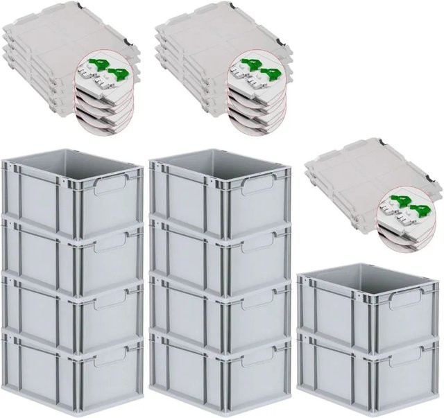 PROREGAL Spar Set 10x Eurobox Nextgen Economy mit Scharnierdeckel und grünen Schiebeschnappverschlüssen, Grau, H x B x T: 22 x 30 x 40 cm - Bild 1
