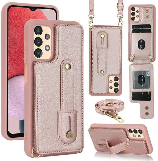 Leder Lanyard Handyhülle mit Geldbörse für Samsung Galaxy S26 S25 S24 S23 S22 A56 A55 A54 A36 A34 A26 A17 A16 A15 (Farben: Schwarz, Rot, Roségold, Braun, Lila, Pink) - Bild 1