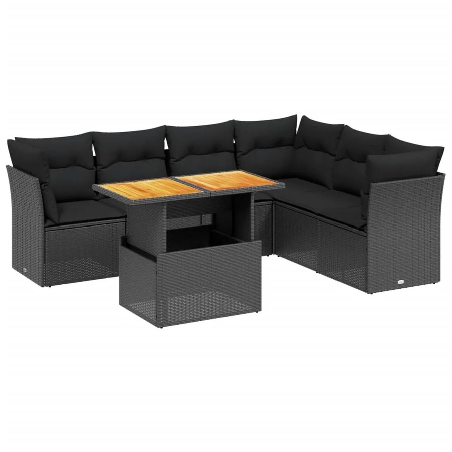 vidaXL 7-teilige Garten-Sofagarnitur in L-Form aus Polyrattan und Akazienholz mit Kissen, Schwarz - Bild 2