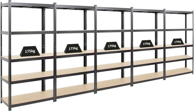 PROREGAL 5er Set Schwerlastregal Ragnar Schwarz aus Metall und MDF, H x B x T: 180 x 90 x 40 cm, mit verstellbaren Fachböden für Werkstatt und Garage - Bild 1