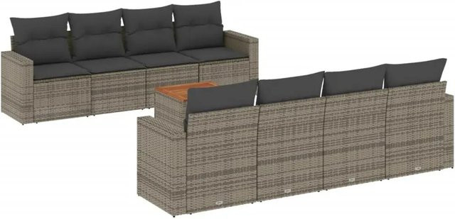 vidaXL 9-teilige Garten-Sofagarnitur aus Poly-Rattan und Akazienholz in Grau mit Kissen - Bild 1