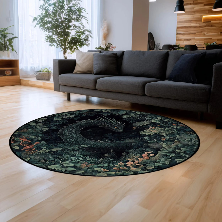 Runder Teppich mit Fantasy-Wald-Drachen-Muster in Multicolour, rutschfeste Bodenmatte für Wohnzimmer, Schlafzimmer oder Badezimmer - Bild 3