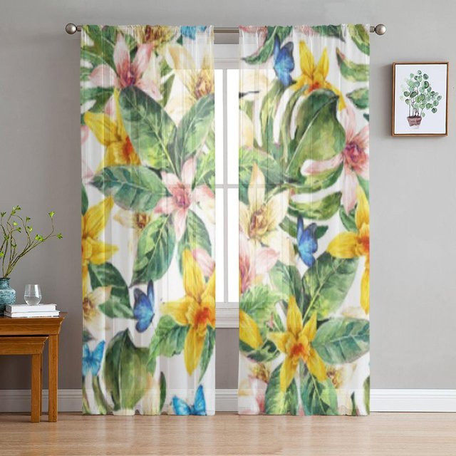 Super Six Transparenter Voile-Vorhang mit floralem Blumenblättern-Design in Beige, Breite: 135 cm, Höhe: 114 cm - Bild 1