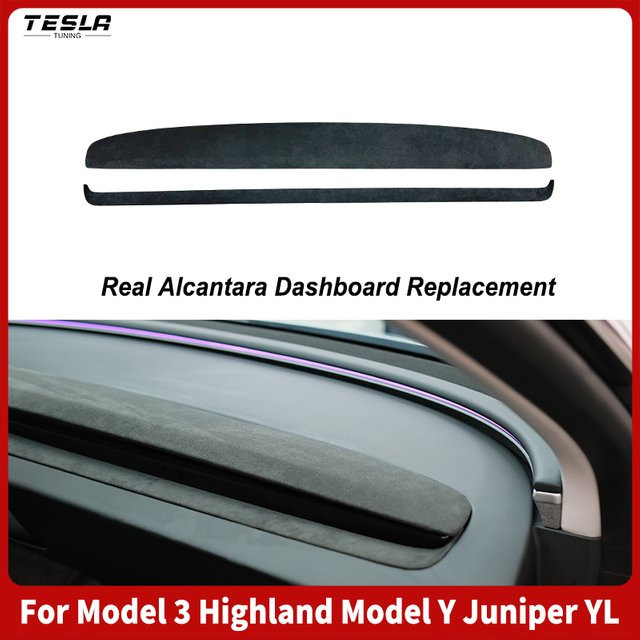 Alcantara Armaturenbrett-Ersatz für Tesla Model Y Juniper und Model 3 Highland in Schwarz - Bild 1