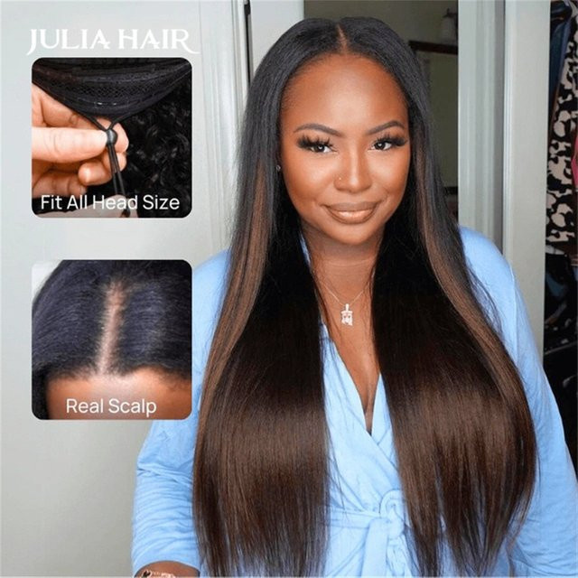 Julia Hair Echthaar Perücke, Kastanienbraun, Yaki Gerade V-Teil, 180 % - Bild 1