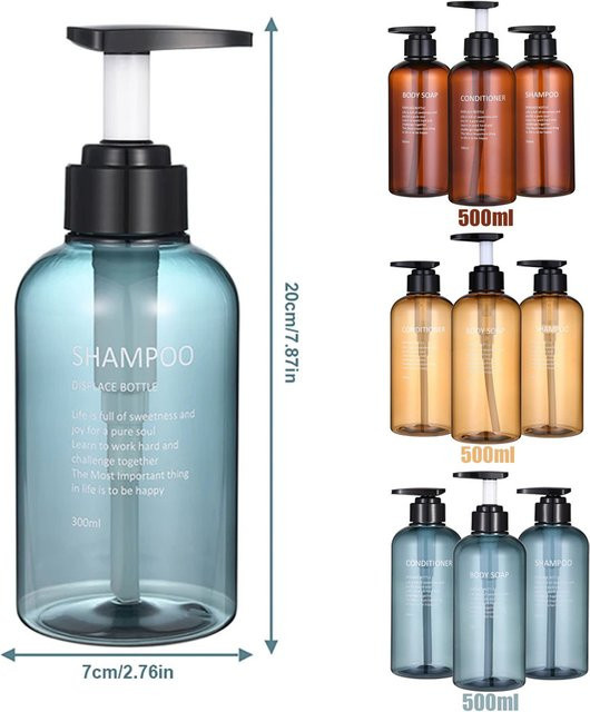 MOZHOU Spender Set für Shampoo, Conditioner und Seife aus Kunststoff, Blau Transparent, 3-teilig mit Pumpe - Bild 1