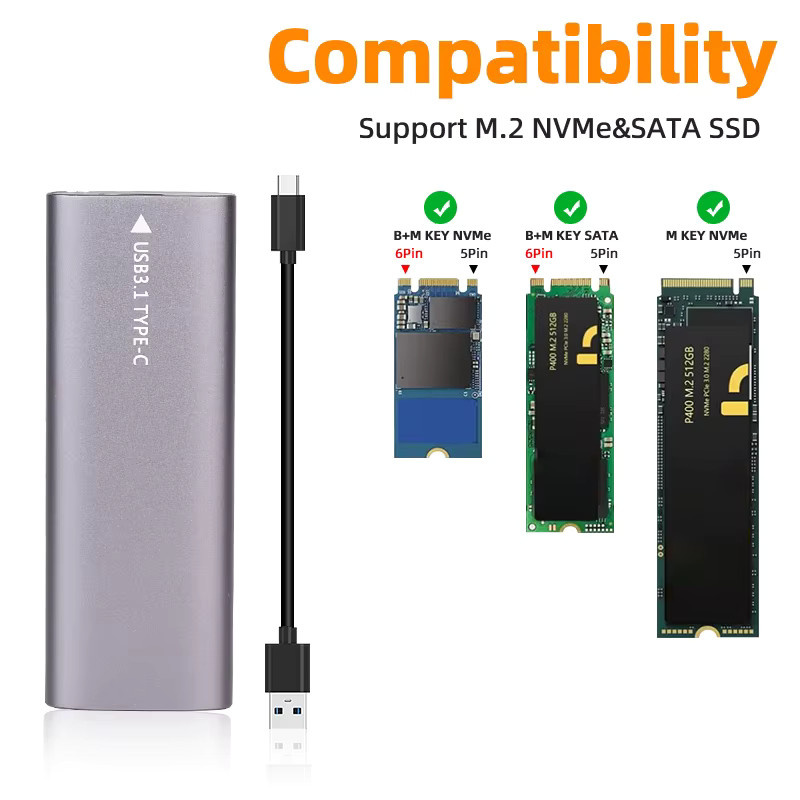 deepartner M.2 NVMe SSD-Gehäuse mit 10Gbps für NGFF und NVMe, externes USB 3.1 Gehäuse inklusive USB-A zu USB-C Kabel, kompatibel mit 2230/2242/2260/2280 Formfaktoren - Bild 5
