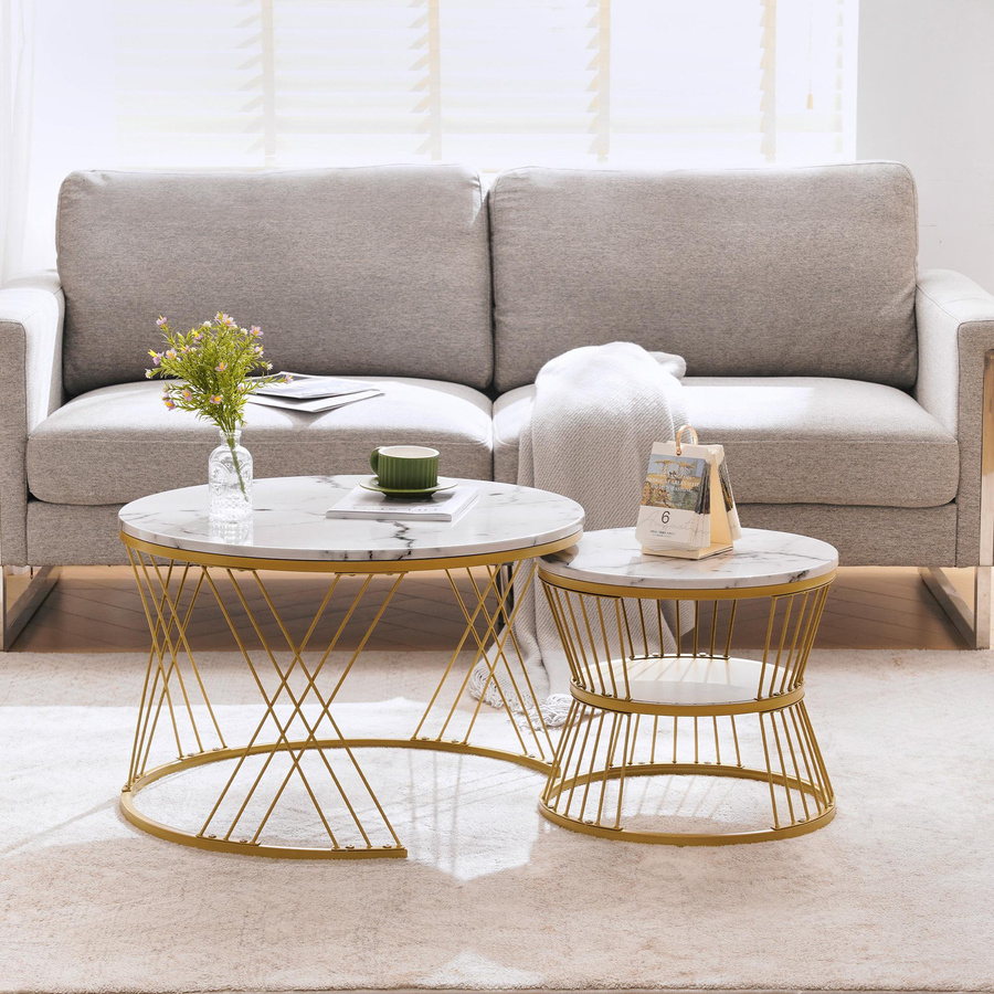 Modernes 2-teiliges Nesting-Couchtisch-Set in Weiß mit runden MDF-Platten, B/T/H: 70 x 70 x 47 cm und 30 x 30 x 47 cm - Bild 2