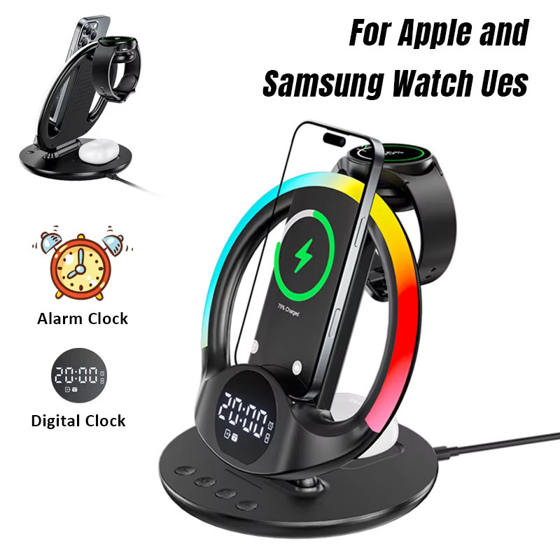 VIKEFON 6-in-1 kabelloses Ladegerät mit RGB-Lichtwecker für iPhone, Samsung Galaxy, Apple Watch und AirPods in Schwarz Multicolour - Bild 5