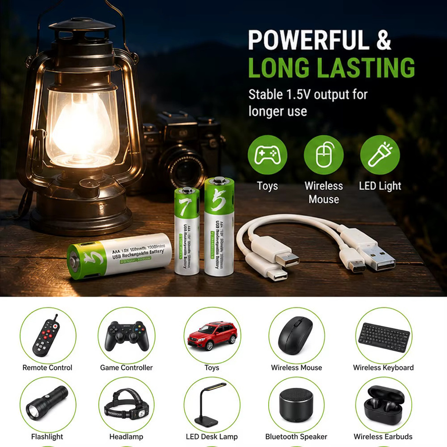 Wiederaufladbare AA und AAA Batterien Typ-C in Grün mit 750mAh und 2600mAh für Wecker, Bluetooth-Lautsprecher, Maus und Spielzeug - Bild 2