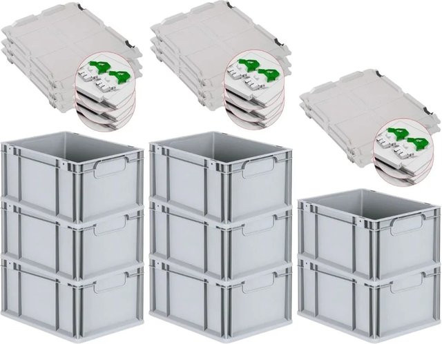 PROREGAL Spar Set 8x Eurobox Nextgen Economy mit Scharnierdeckel und grünen Schiebeschnappverschlüssen, Grau/Grün, H x B x T: 22 x 30 x 40 cm - Bild 1