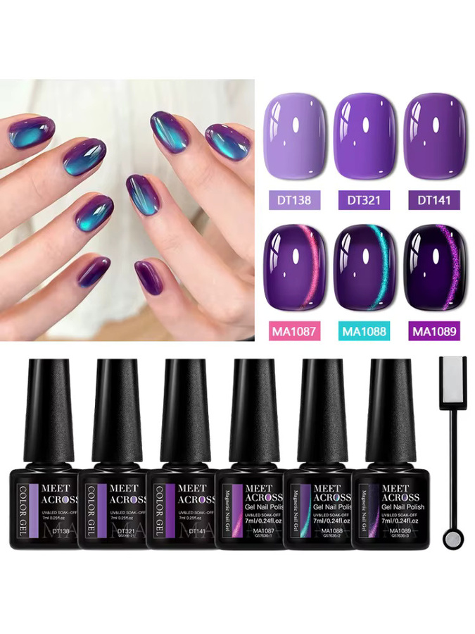 MEET ACROSS Gel-Nagellack-Set, Lila-Goldene Flamme, Glitzer, Schimmernd - Bild 7