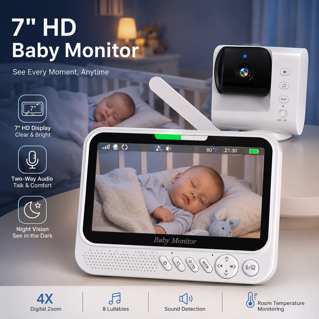 Aurovue Video-Babyphone mit 7,0 Zoll Display, PTZ-Kamera mit Schwenk-Neige-Funktion und 4-fach Zoom, Nachtsicht, Zwei-Wege-Audio und VOX-Aktivierung, Weiß - Bild 1