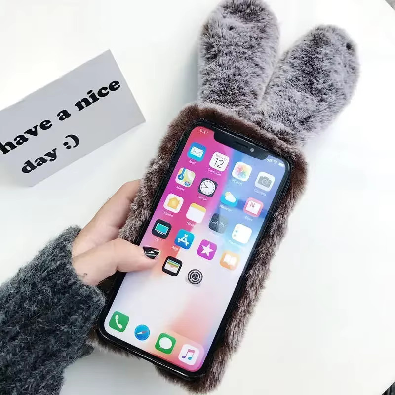 Flauschige 3D Kaninchenfell Handyhülle aus Plüsch und Silikon für Xiaomi Mi Poco M7 Pro Redmi Note 14 13C in Braun - Bild 3
