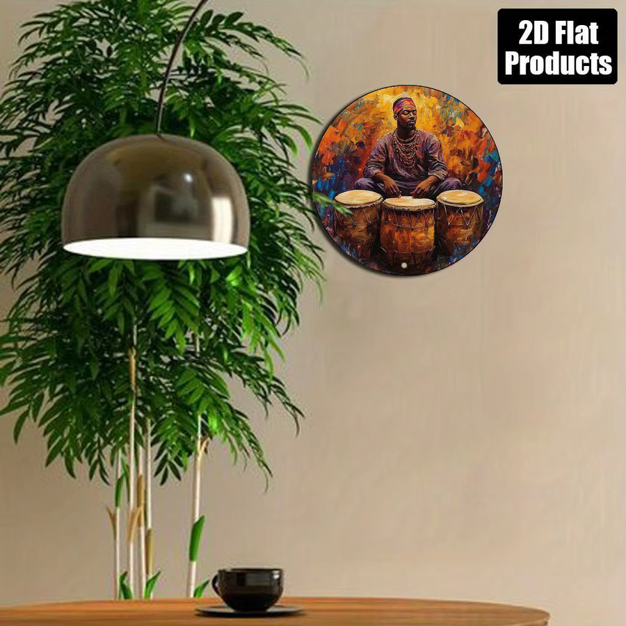 Potdemiel Afrikanische Schlagzeuger Wandkunst, Rundes Metallschild im Ölgemälde-Stil, Multicolour, Durchmesser: 20,3 cm - Bild 5