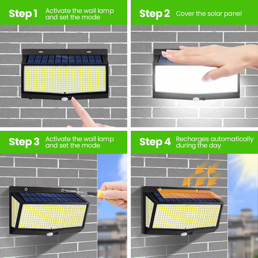 Solar-Wandleuchte mit 528 LED und Bewegungsmelder, IP65 wasserdichte Außenleuchte für Garten und Terrasse, modern und rechteckig, Farbe: Weiß, B/T/H: 12,0 x 22,0 x 5,0 cm - Bild 5