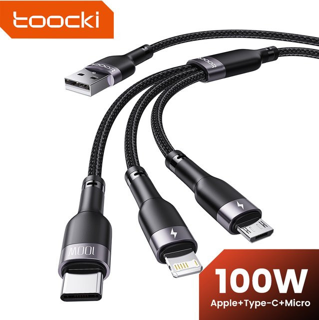 Toocki 3-in-1 USB auf Typ C Micro und Lightning Schnellladegerät und Datenkabel in Schwarz - Bild 1