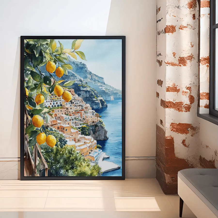 Aquarell Kunstdruck Positano Italien Landschaft Wanddekoration Amalfi Küste Mehrfarbig - Bild 3