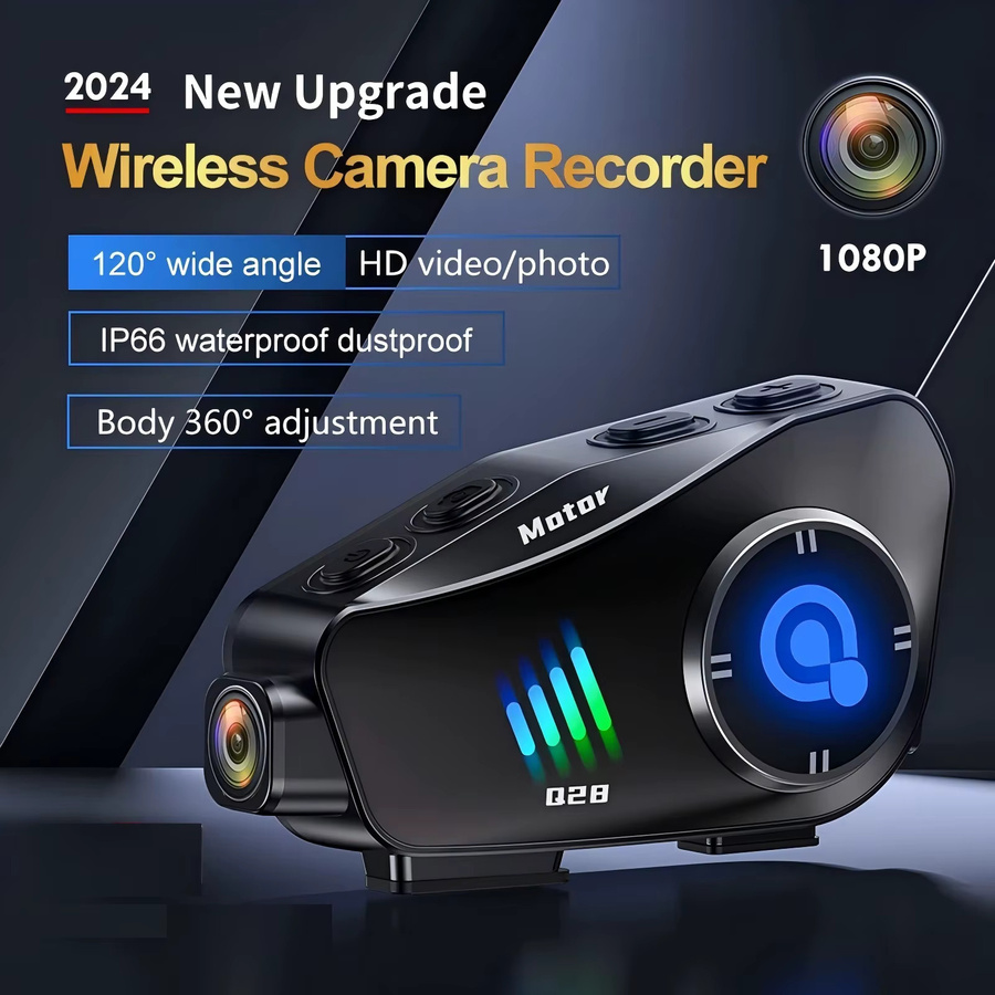 XINOWY Q28 Motorradhelm Bluetooth Headset mit drahtlosem Kamerarecorder, IP66 wasserdicht und staubdicht, Weitwinkel mit 120 Grad und 360 Grad Einstellung, Schwarz - Bild 2