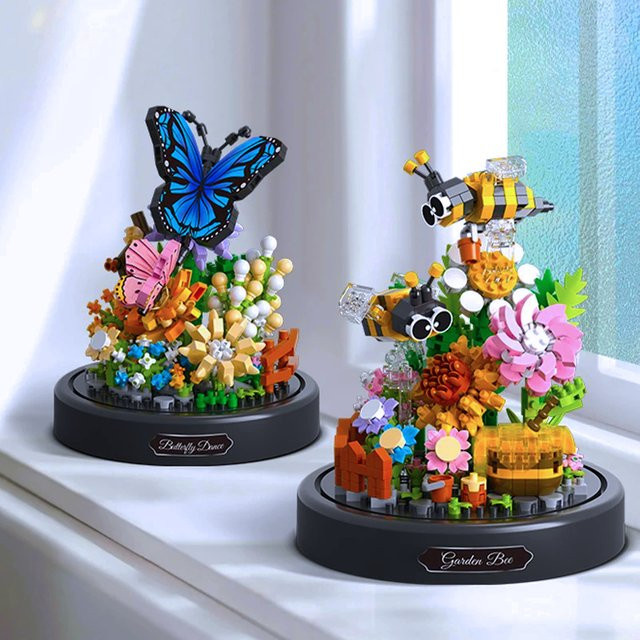 AMAZINGBLOKS Bienen- und Schmetterlings-Bonsai-Bausteine, Insekten-Pflanzen-Topfmodell-Bausteine mit Staubschutz - Bild 1