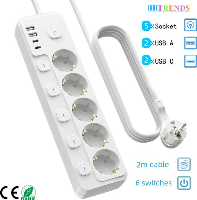 HITRENDS EU-Steckdosenleiste in Weiß mit 5 AC-Steckdosen, 2 USB-A und 2 USB-C Anschlüssen sowie Einzelschalter und 2 m Kabel - Bild 1