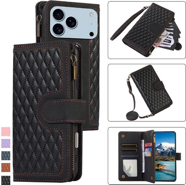 Leder-Handyhülle mit Lanyard und Reißverschluss als Brieftasche für Apple iPhone, Farbe: Schwarz - Bild 1