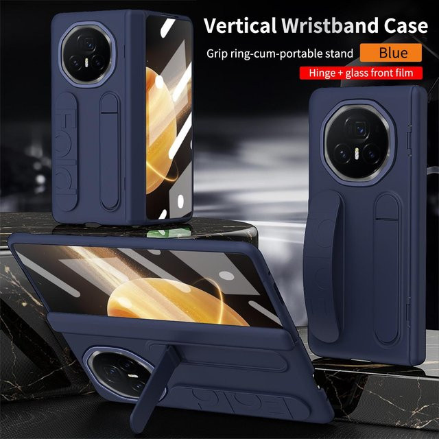 Stoßfeste 3-in-1 Silikonhülle für Honor Magic V3 mit 180 Grad Faltfunktion, Armband, Ständer und Linsenschutz in Blau - Bild 1