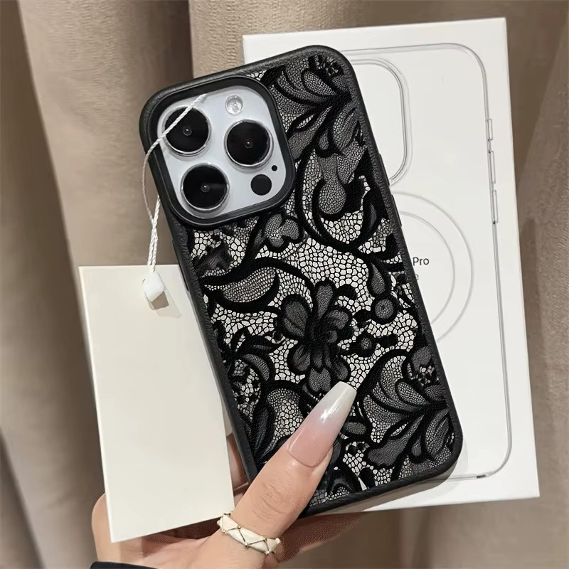 Samsung Handyhülle mit Spitzenmuster Lychee Design in Schwarz für Galaxy S26 S25 FE S24 S23 S22 Ultra Plus A56 A55 A54 A53 A36 A35 A16 A25 Cover - Bild 2