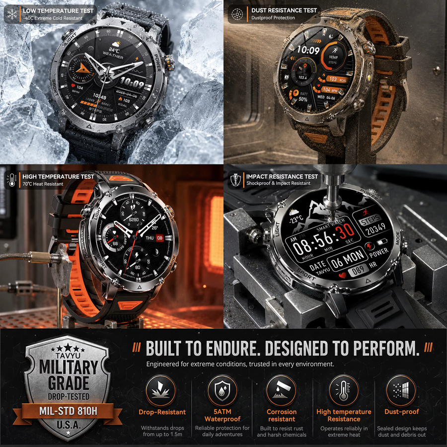 GUHUAVMI T-REX PRO Wander-GPS-Smartwatch für Herren mit 1,7 Zoll HD-Display, 10ATM Wasserdicht, Dual SOS LED-Taschenlampe und Bluetooth-Anruffunktion, Schwarz - Bild 4